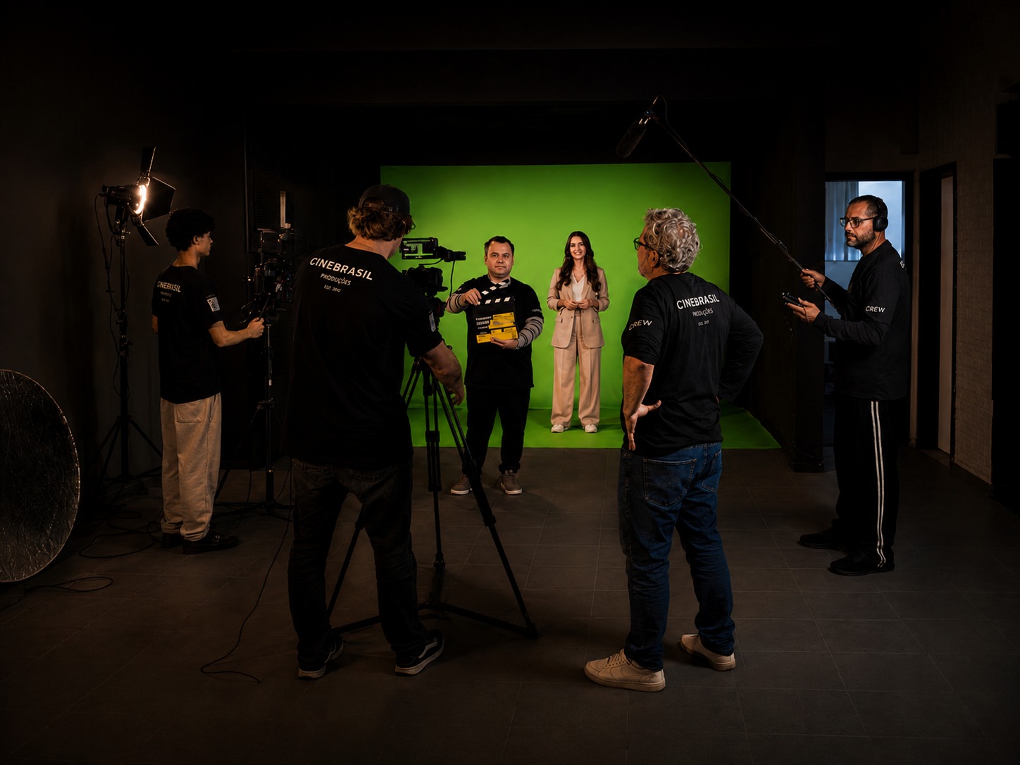 Equipe Cinebrasil em estúdio com tela verde durante produção