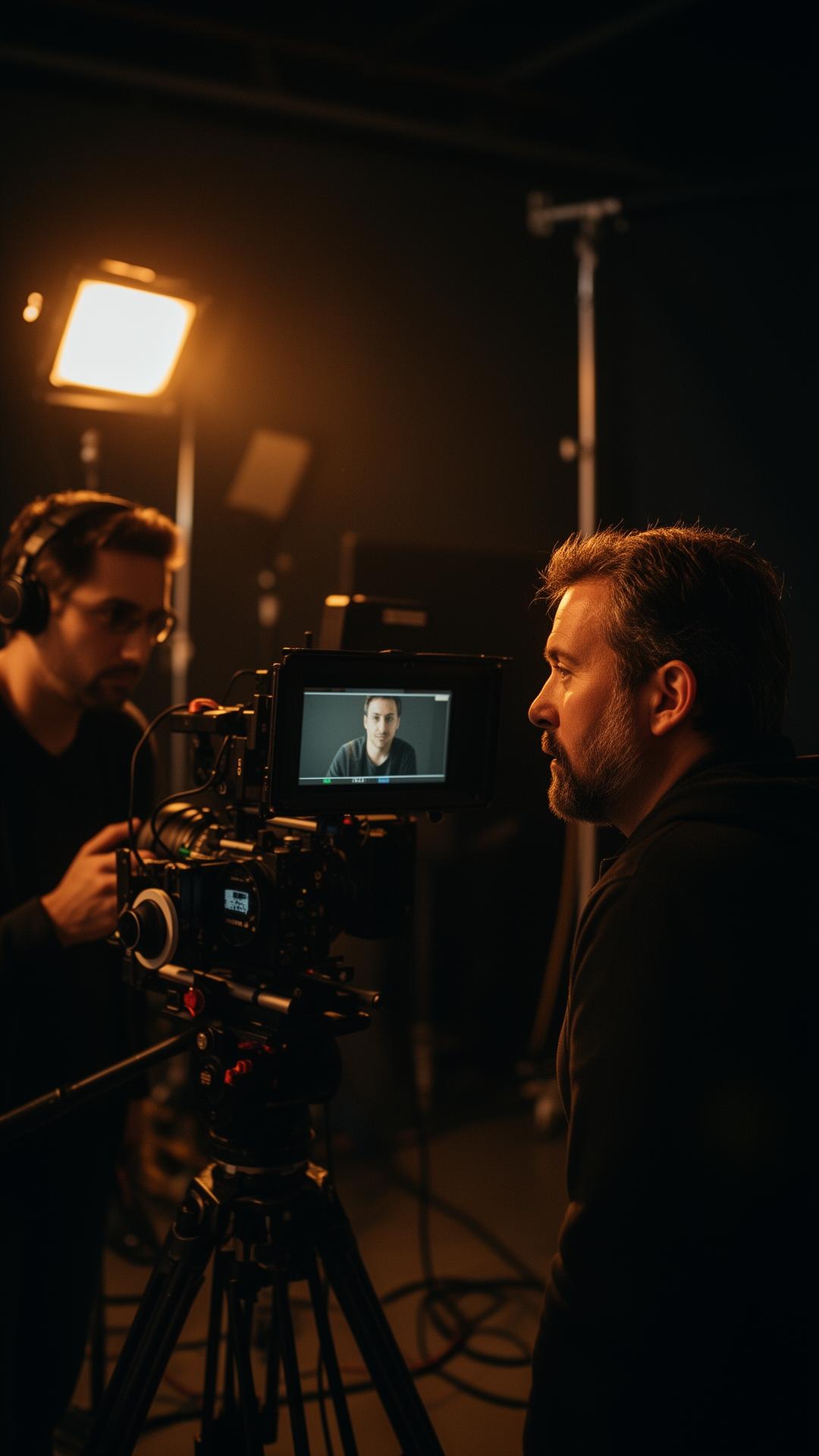 Diretor acompanhando tomada no monitor durante filmagem