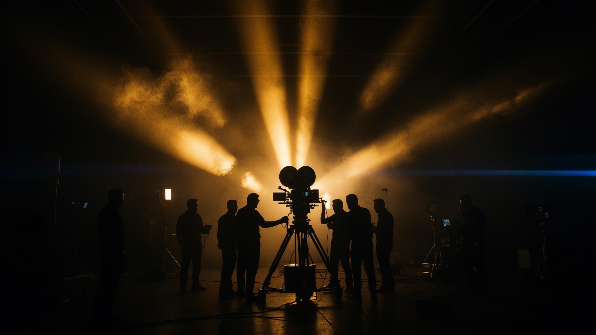 Bastidores cinematográficos com equipe e câmera de cinema
